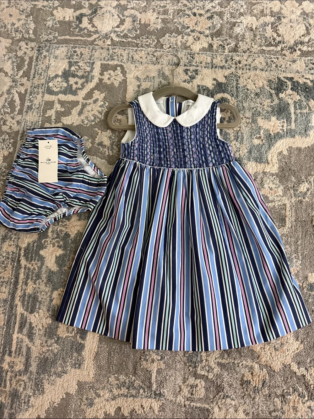 NWT Ralph Lauren Navy, Light Blue and Pink Striped Hand Smocked Dress